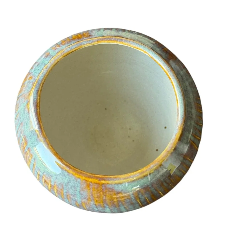 Handmade Studio Pottery Planter Vase Teal Amber Reactive Glaze Ribbed Pottery